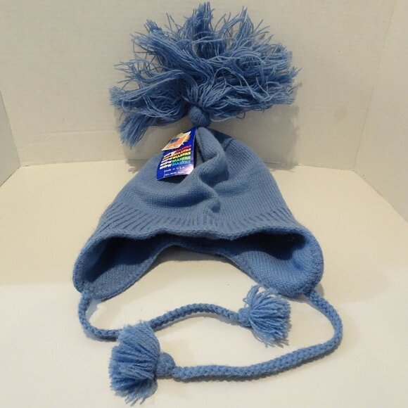 Vintage Snowblazers Orlon Acrylic Hat Light Blue Pom Pom Tassels NOS Made in USA - Picture 1 of 3